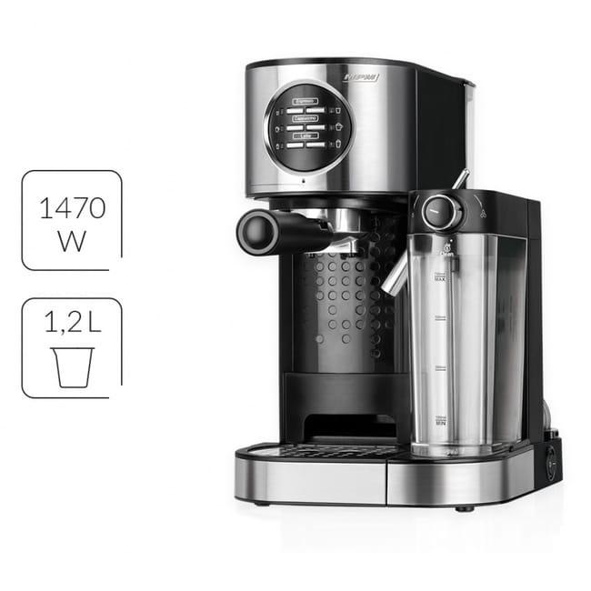 Cafetera Expresso Manual 15 bares, Depósito Calentar Leche 0,7L, 1,2 L, Espumador Leche, Calientatazas, MPM, Negro, 1470, MKW-07M