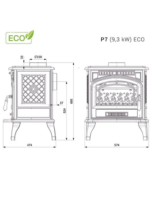 Estufa de leña independiente - P7 (9,3 KW) ECO