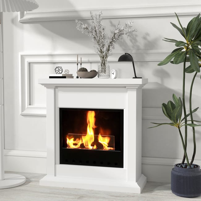 Chimenea de Etanol HOMCOM Metal, Vidrio Templado Blanco 63.5x24x66 cm