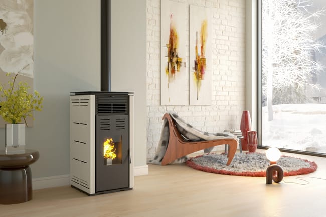 JOIMA - Estufa de Pellets sin electricidad modelo NATUR STYLE 8 kW. Funciona sin Conexion a la red Eléctrica. Color Blanco