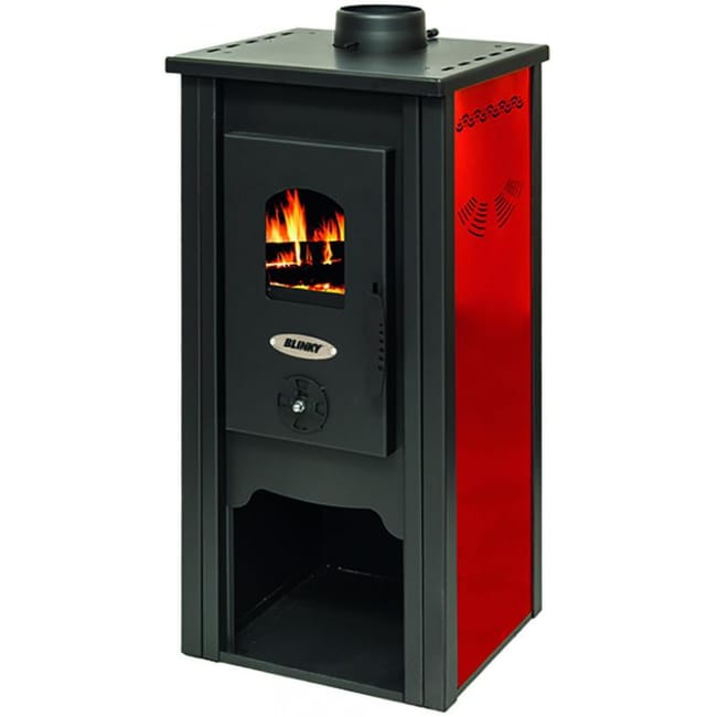 Estufa de acero Praga con puerta de cristal y laterales rojos