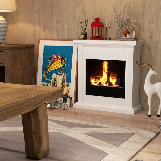 Chimenea de Etanol HOMCOM Metal, Vidrio Templado Blanco 63.5x24x66 cm